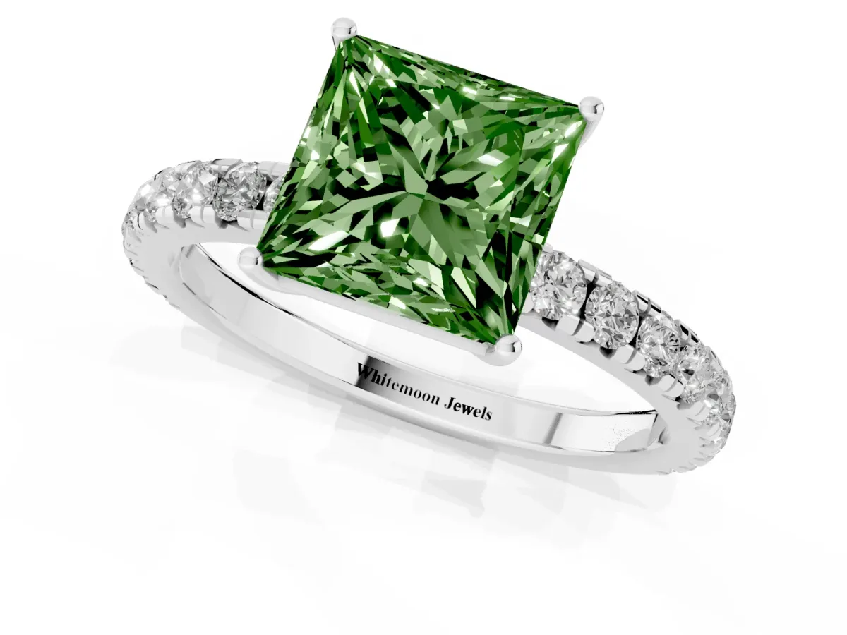 Fancy Green Princess Cut Diamond Pavé Solitaire Engagement Ring with Four-Prong Setting Silver