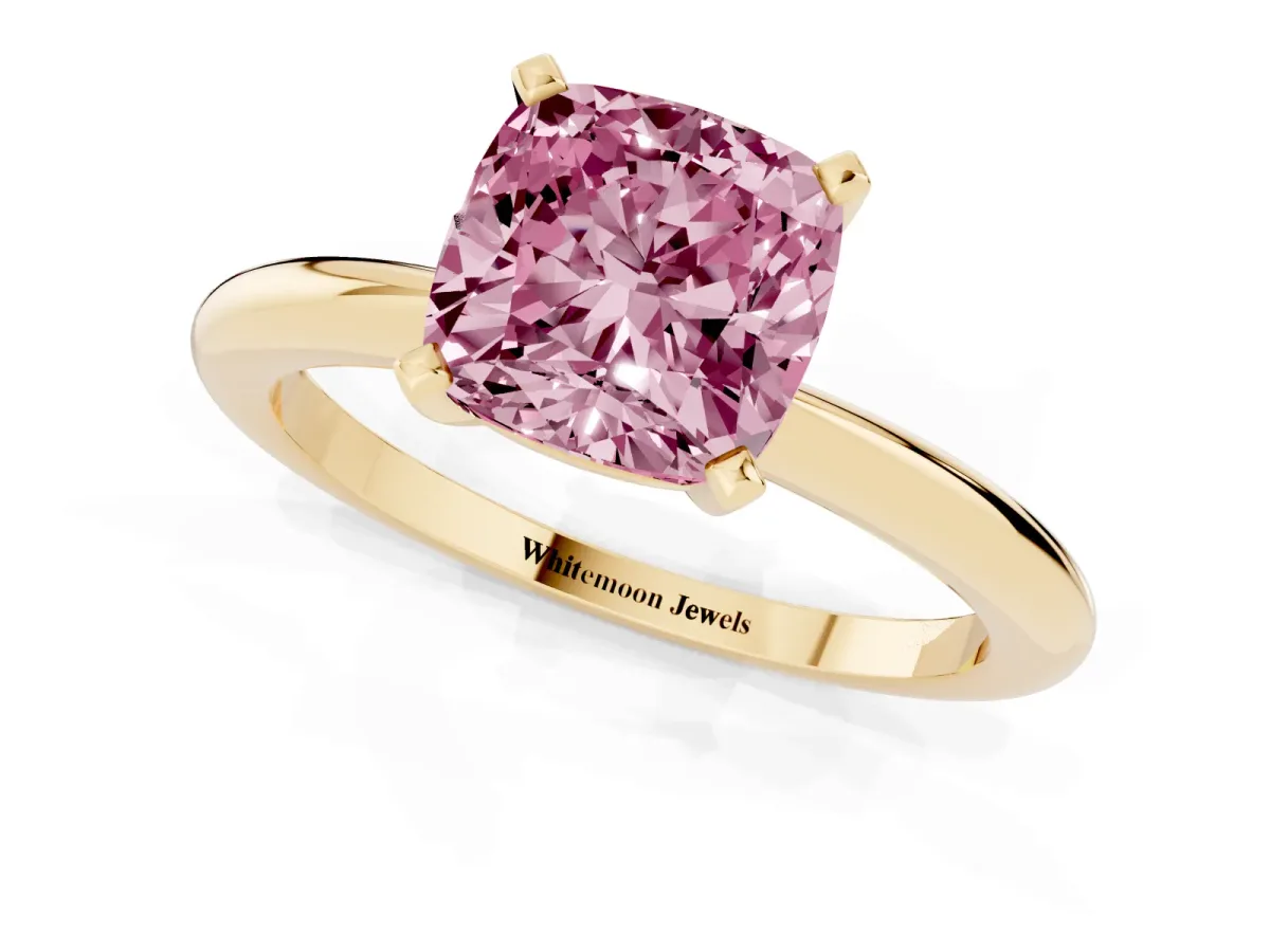 Fancy Pink Cushion Cut Diamond Solitaire Ring with Prong Setting and Classic Band Yellow gold