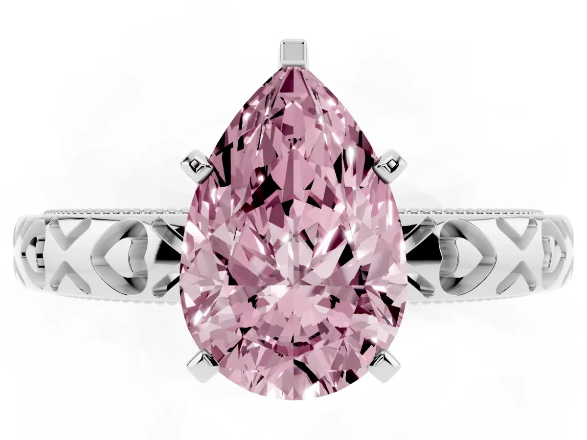 Fancy Pink Pear Cut Solitaire Diamond Engagement Ring with XO Engraved Band and Four-Prong Setting White gold