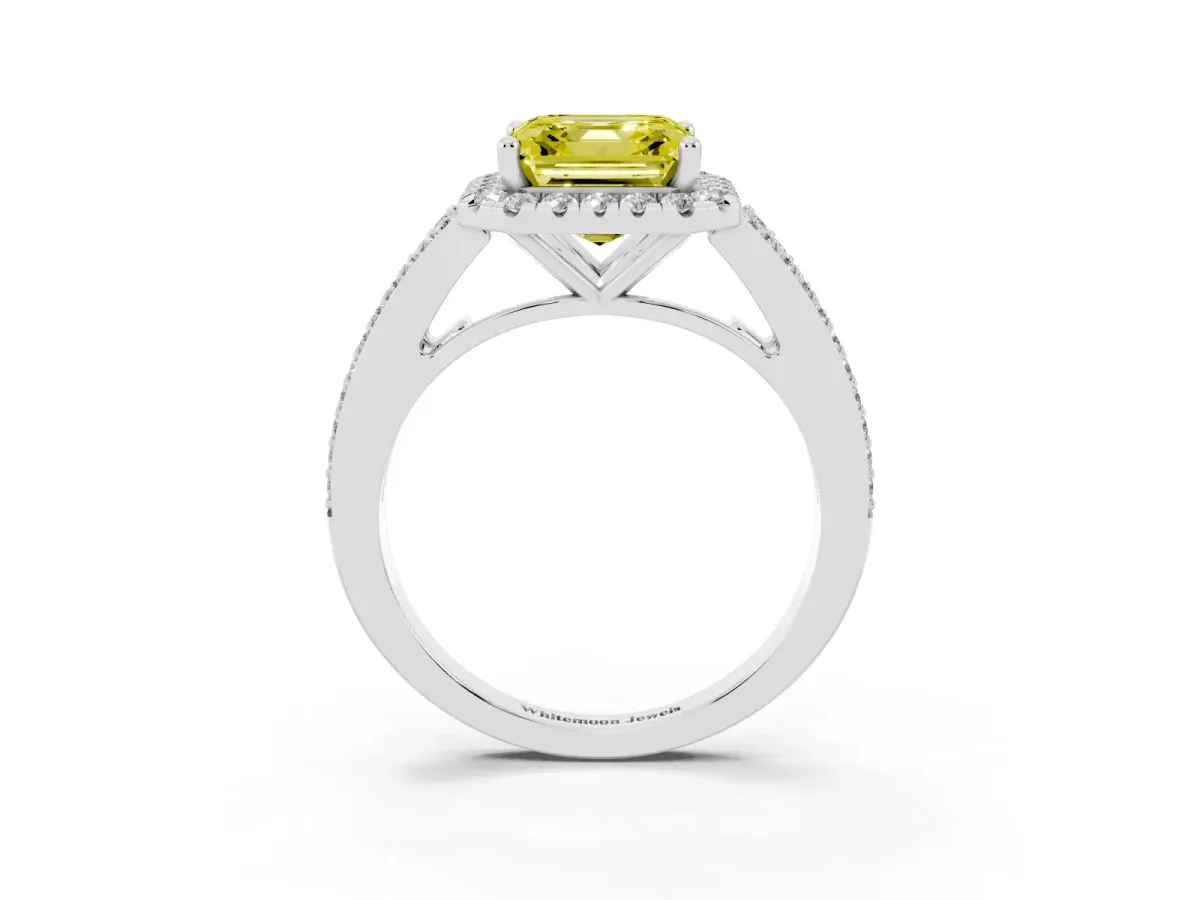 Fancy Yellow Asscher Cut Halo Split Shank Diamond Ring with Prong Setting Silver