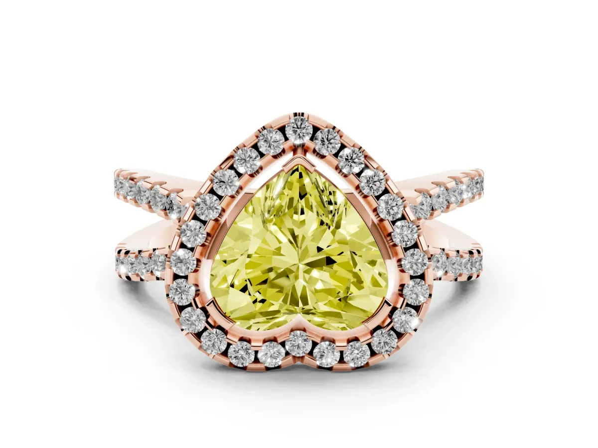 Fancy Yellow Heart Cut Diamond Halo Ring with Split Shank Pavé Band and Prong Setting Rose gold