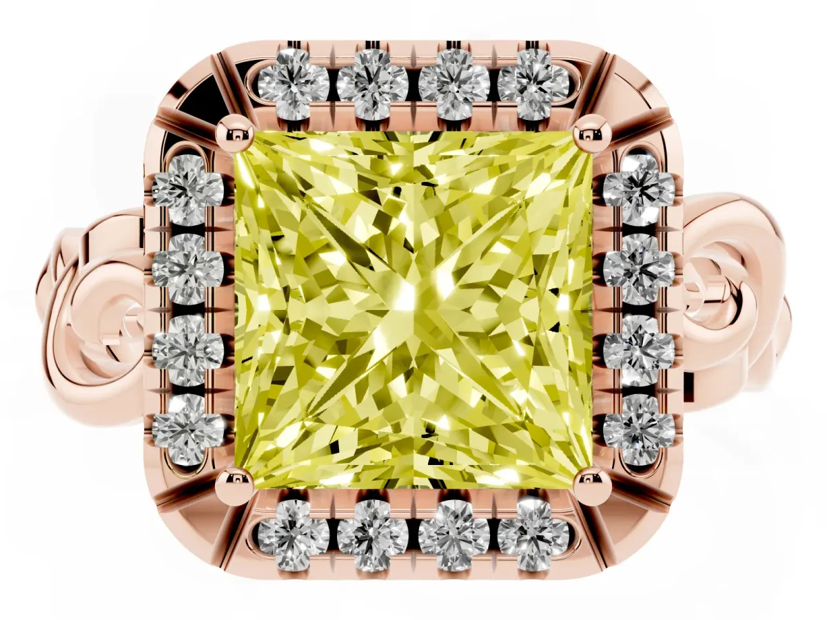 Fancy Yellow Princess Cut Cut Halo Diamond Ring with Scrollwork Band and Four-Prong Setting Rose gold