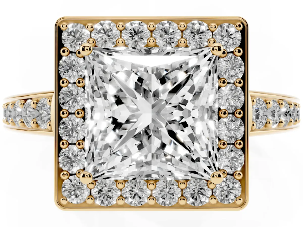 Princess Cut Halo Pavé Diamond Engagement Ring with Bezel Setting Yellow gold