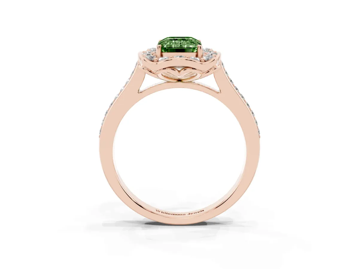 Fancy Green Emerald Cut Halo Round Diamond Pave Band with Four-Prong Setting Rose gold