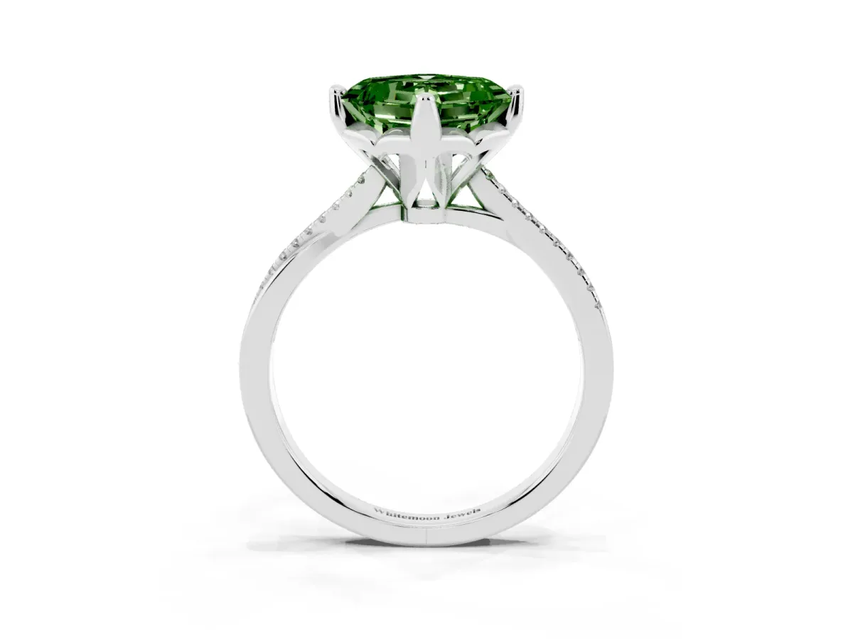 Fancy Green Asscher Cut Solitaire Twist Band with Pavé Diamonds and Four-Prong Setting White gold