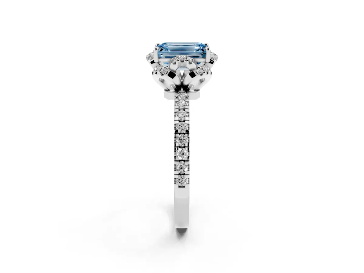 Fancy Blue Emerald Cut Diamond Halo Pave Band with Four-Prong Setting Platinum