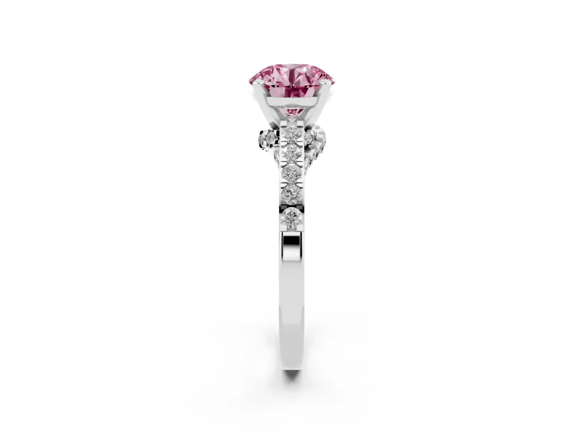 Fancy Pink Round Cut Diamond Solitaire Ring with Crossover Gallery and Round Pavé Band Silver
