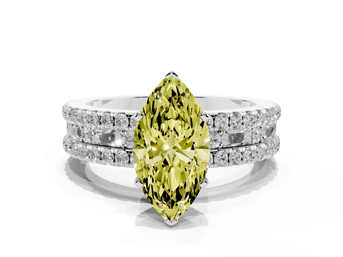 Fancy Yellow Marquise Cut Diamond Solitaire Ring with Pavé and Channel Set Band Platinum