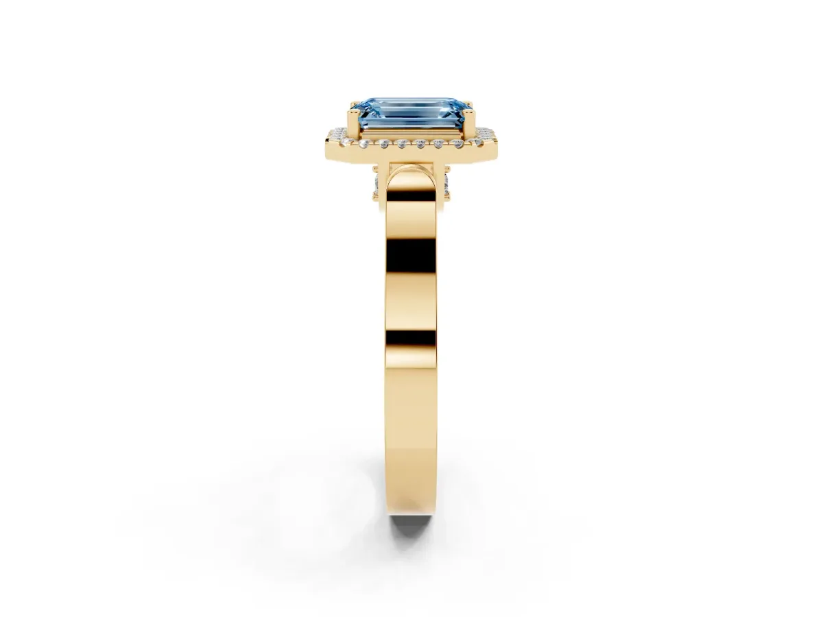 Fancy Blue Emerald Cut Halo Pave Split Shank Prong Setting Ring Yellow gold