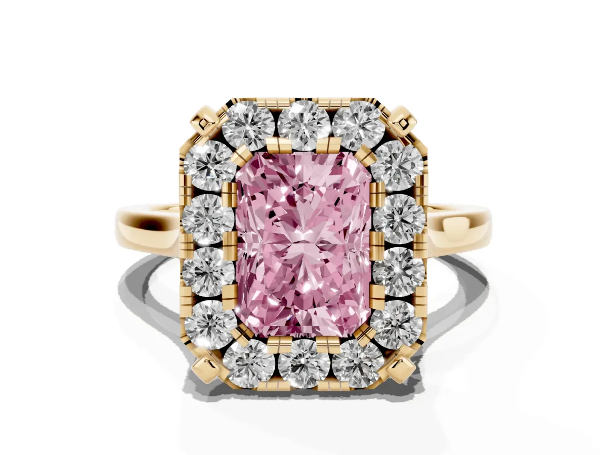 Fancy Pink Radiant Cut Diamond Cluster Halo Solitaire with Four-Prong Setting Yellow gold