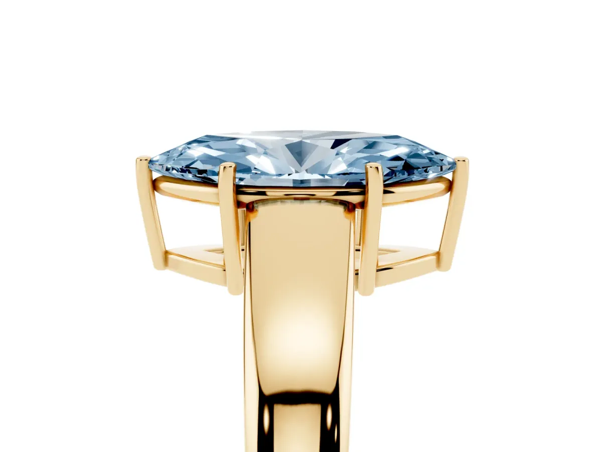 Fancy Blue Marquise Cut Solitaire Diamond Ring with Tapered Band and Four-Prong Setting Yellow gold