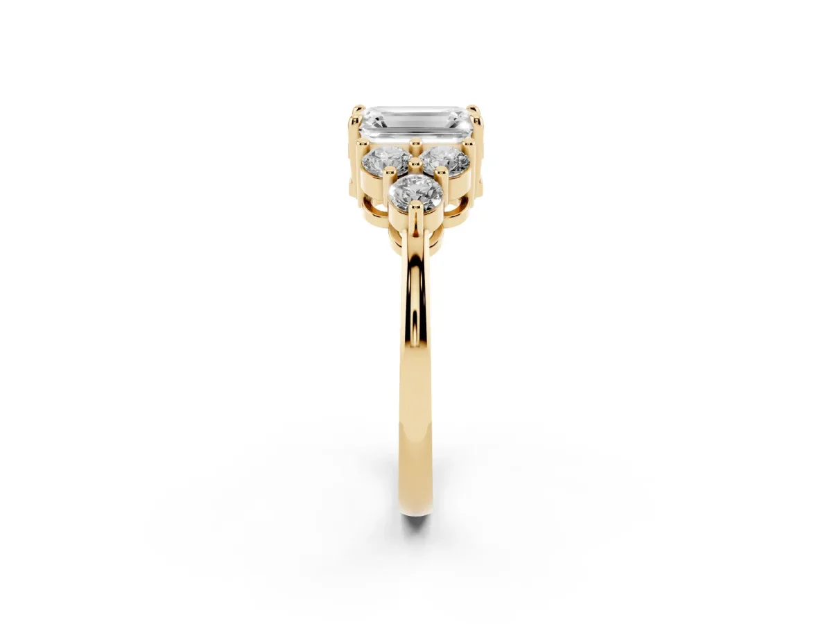 Emerald Cut Brilliant Diamond Cluster Accent Solitaire Ring with Prong Setting Yellow gold