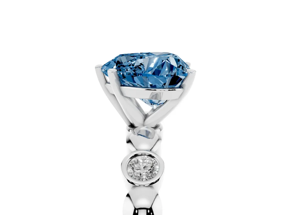 Fancy Blue Heart Cut Solitaire Bezel-Set Diamond Ring with Beaded Band and Four-Prong Setting Silver