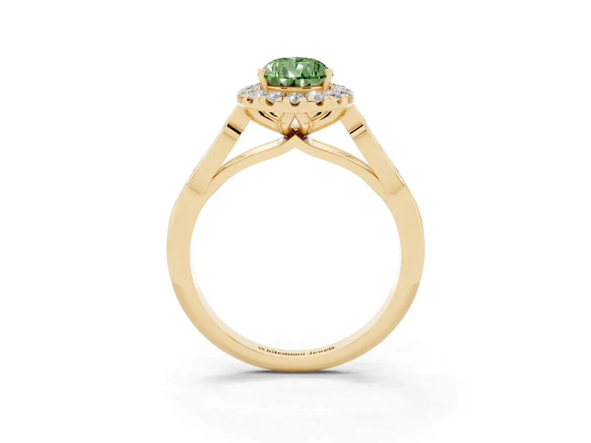 Fancy Green Pear Cut Halo Diamond Engagement Ring with Filigree Band and Four-Prong Setting Yellow gold
