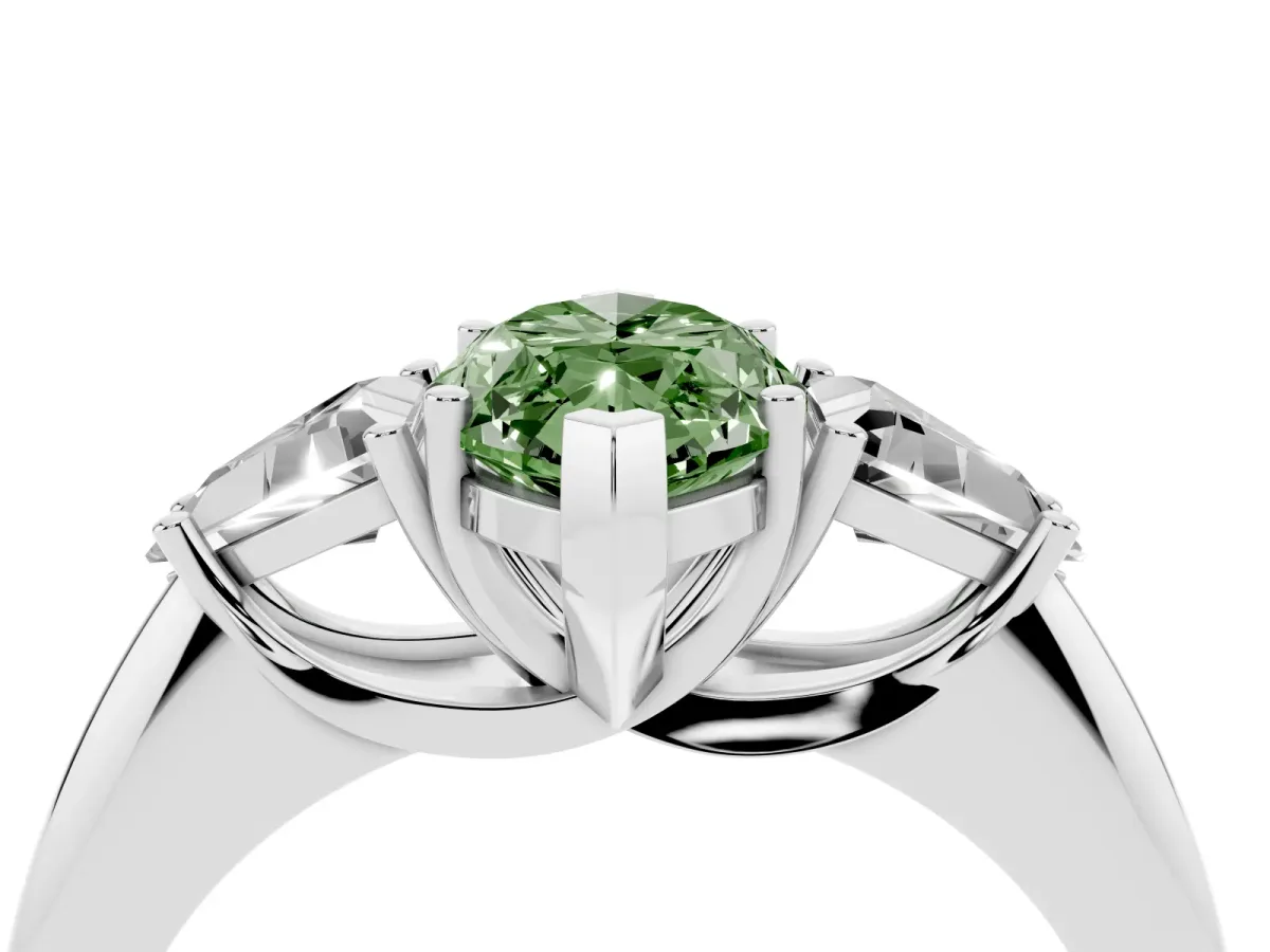 Fancy Green Three-Stone Marquise Cut Diamond Engagement Ring with Trillion Side Stones and Prong Setting White gold