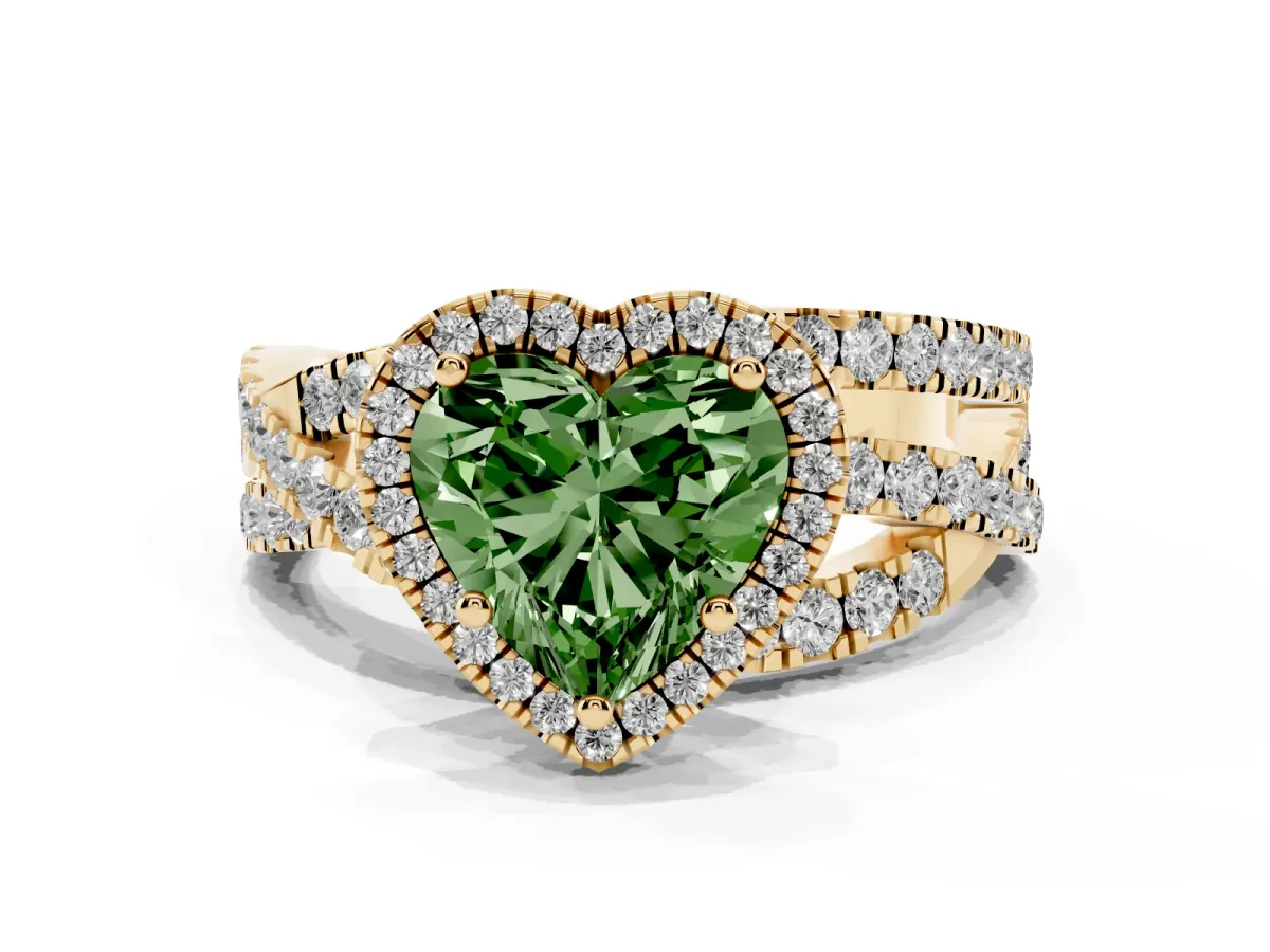 Fancy Green Heart Cut Diamond Halo Ring with Round Split Shank and Prong Setting Yellow gold