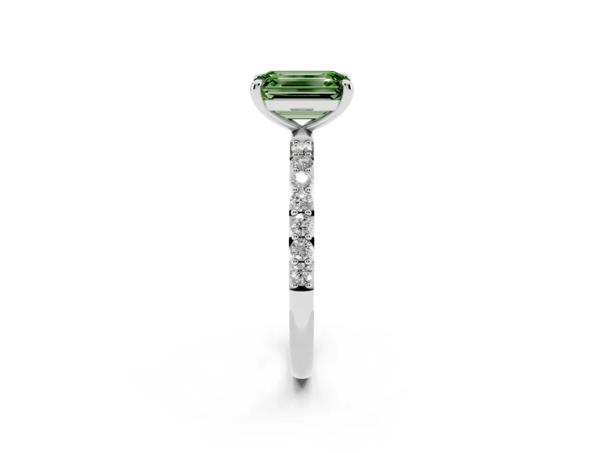 Fancy Green Emerald Cut Diamond Solitaire Ring with Round Pavé Band and Prong Setting Silver