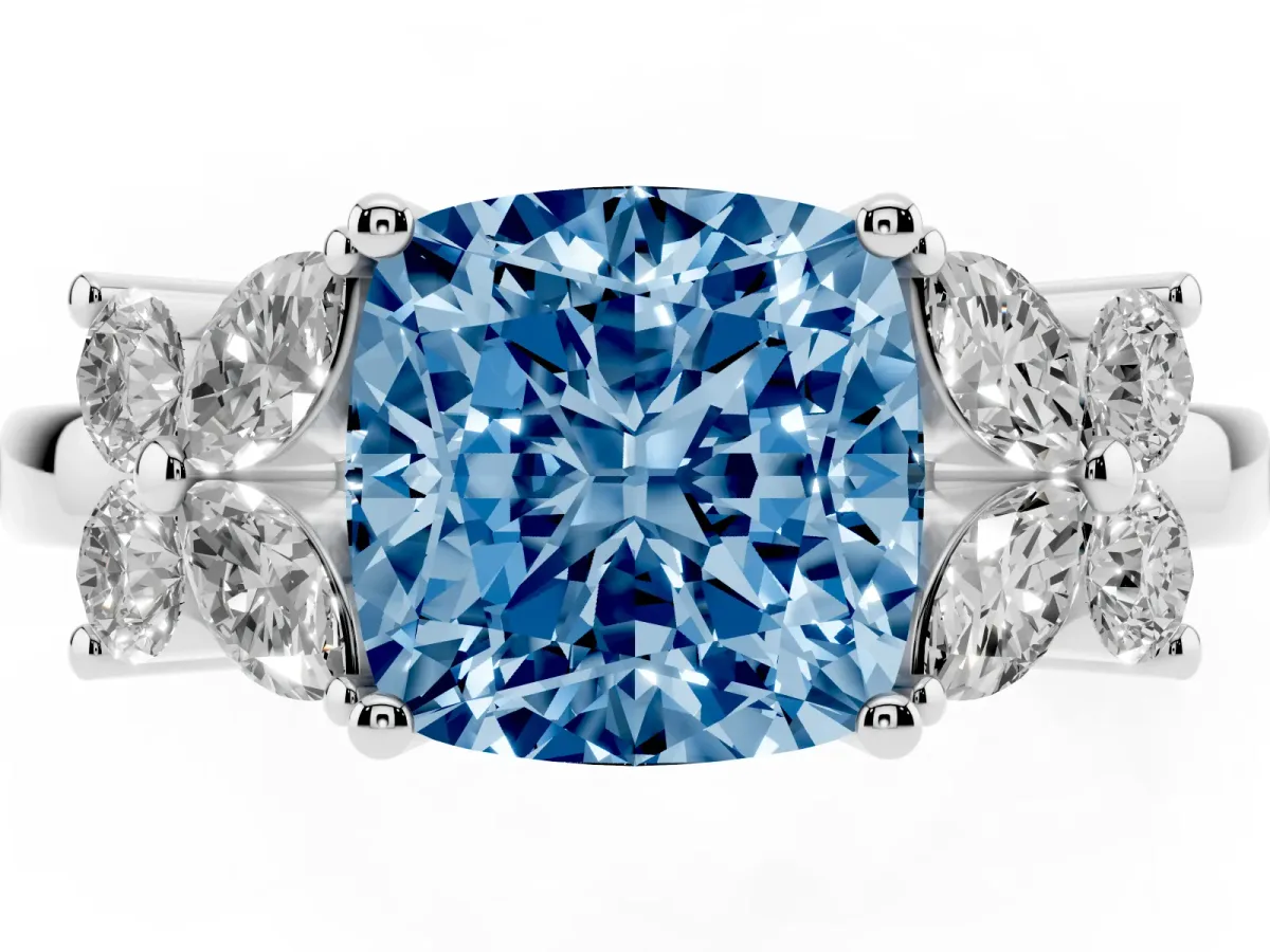 Fancy Blue Cushion Cut Diamond Floral Cluster Ring with Solitaire Band and Prong Setting Silver