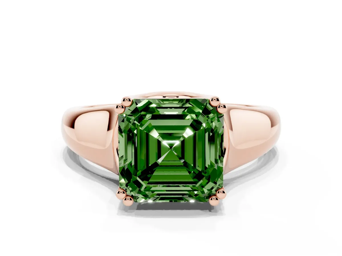 Fancy Green Asscher Cut Diamond Solitaire Ring with Wide Band and Prong Setting Rose gold