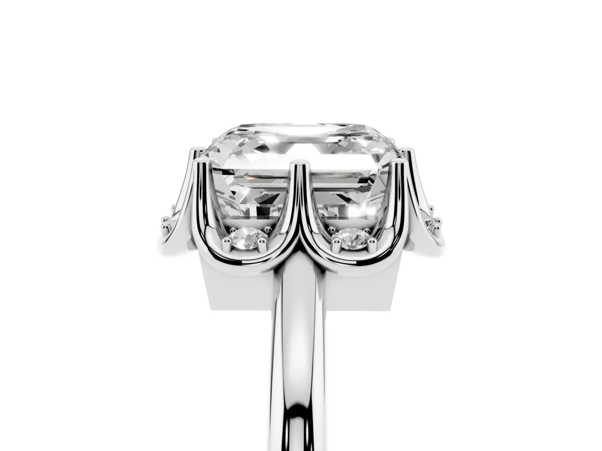 Asscher Cut Halo Diamond Ring with Round Cluster Setting, Solitaire Band, and Four-Prong Setting Silver