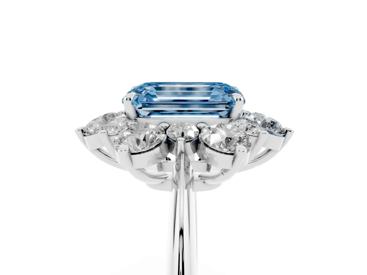 Fancy Blue Emerald Cut Diamond Cluster Halo Ring with Solitaire Band and Four-Prong Setting Silver