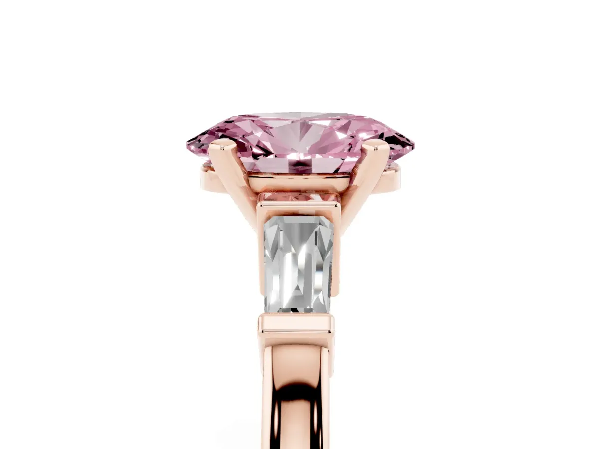 Fancy Pink Oval Cut Cut Diamond Solitaire Ring with Tapered Baguette Accents and Four-Prong Setting Rose gold