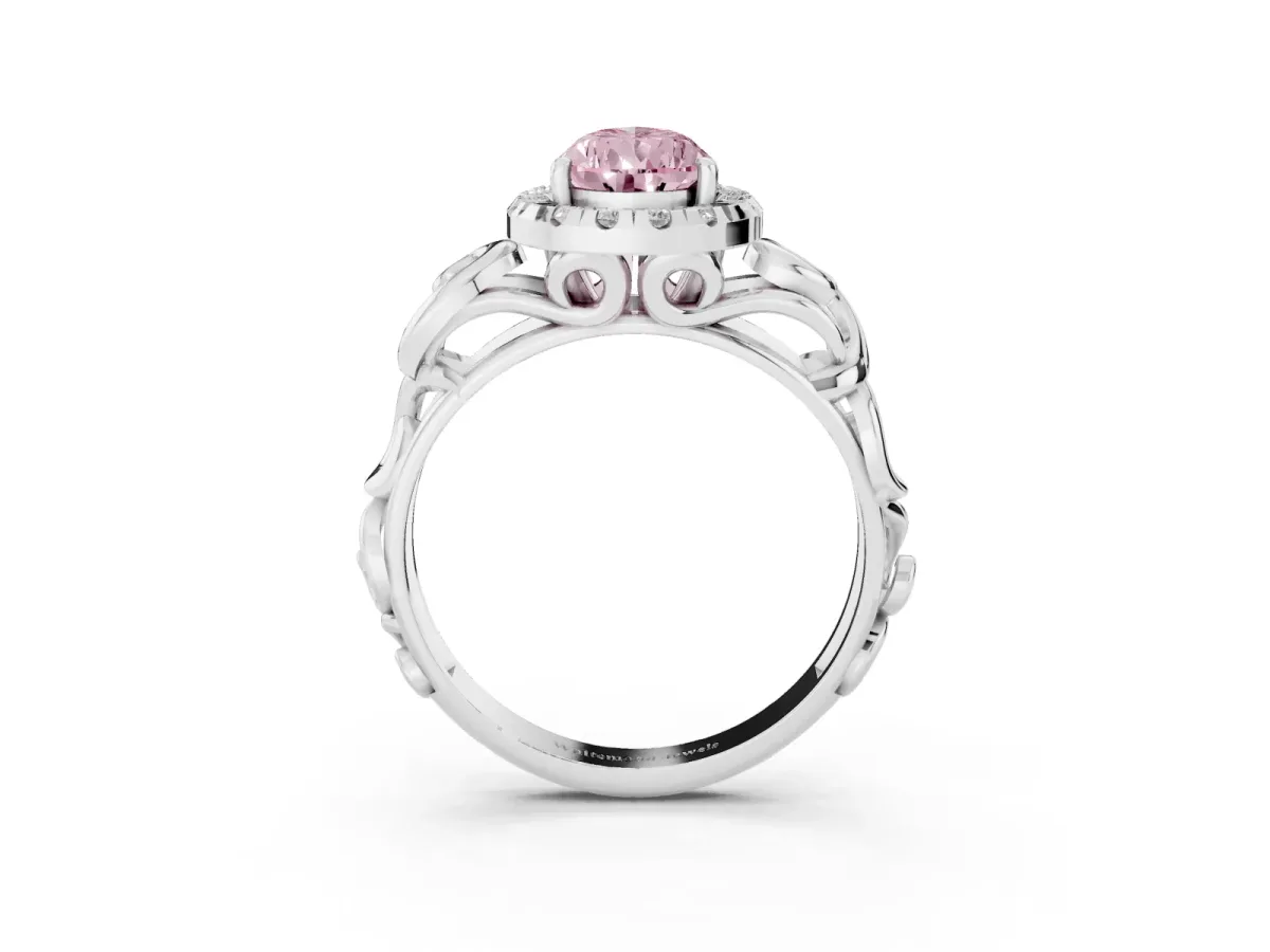 Fancy Pink Pear Cut Cut Halo Diamond Ring with Scrollwork Band and Four-Prong Setting Silver