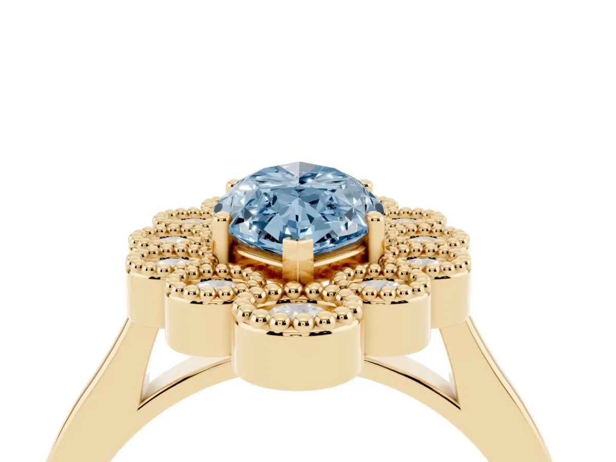 Fancy Blue Marquise Cut Halo Diamond Cluster Engagement Ring with Milgrain Bezel Setting and Solitaire Band Yellow gold