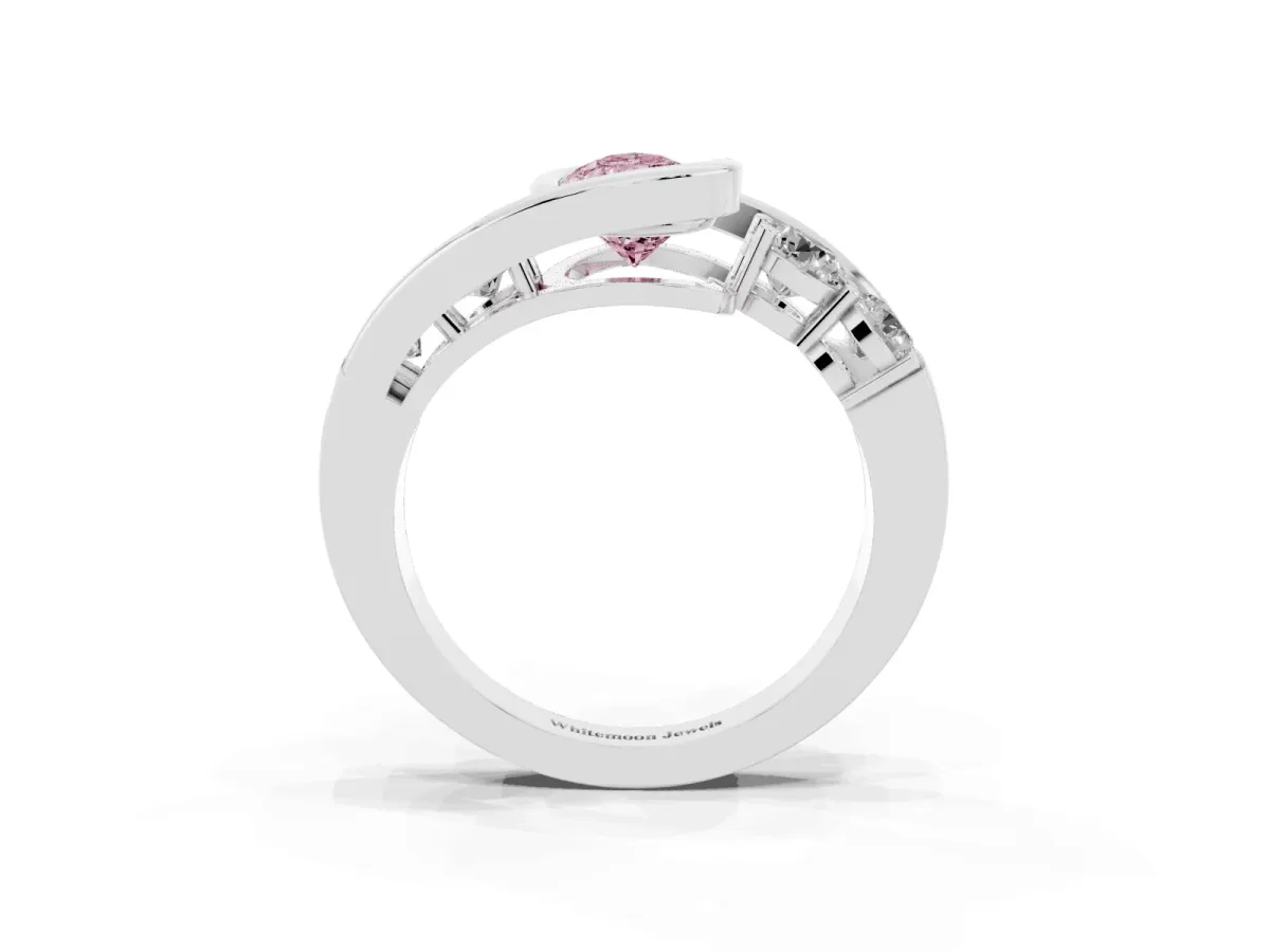 Fancy Pink Bezel Set Pear Cut Diamond Bypass Ring with Round Accents Platinum