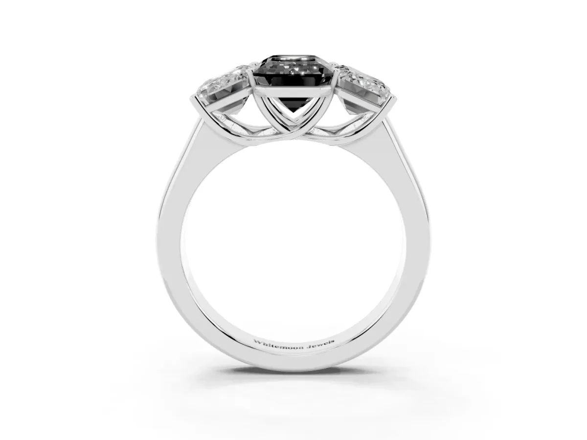 Fancy Black Emerald Cut Three-Stone Diamond Ring with Prong Setting on a Classic Band White gold