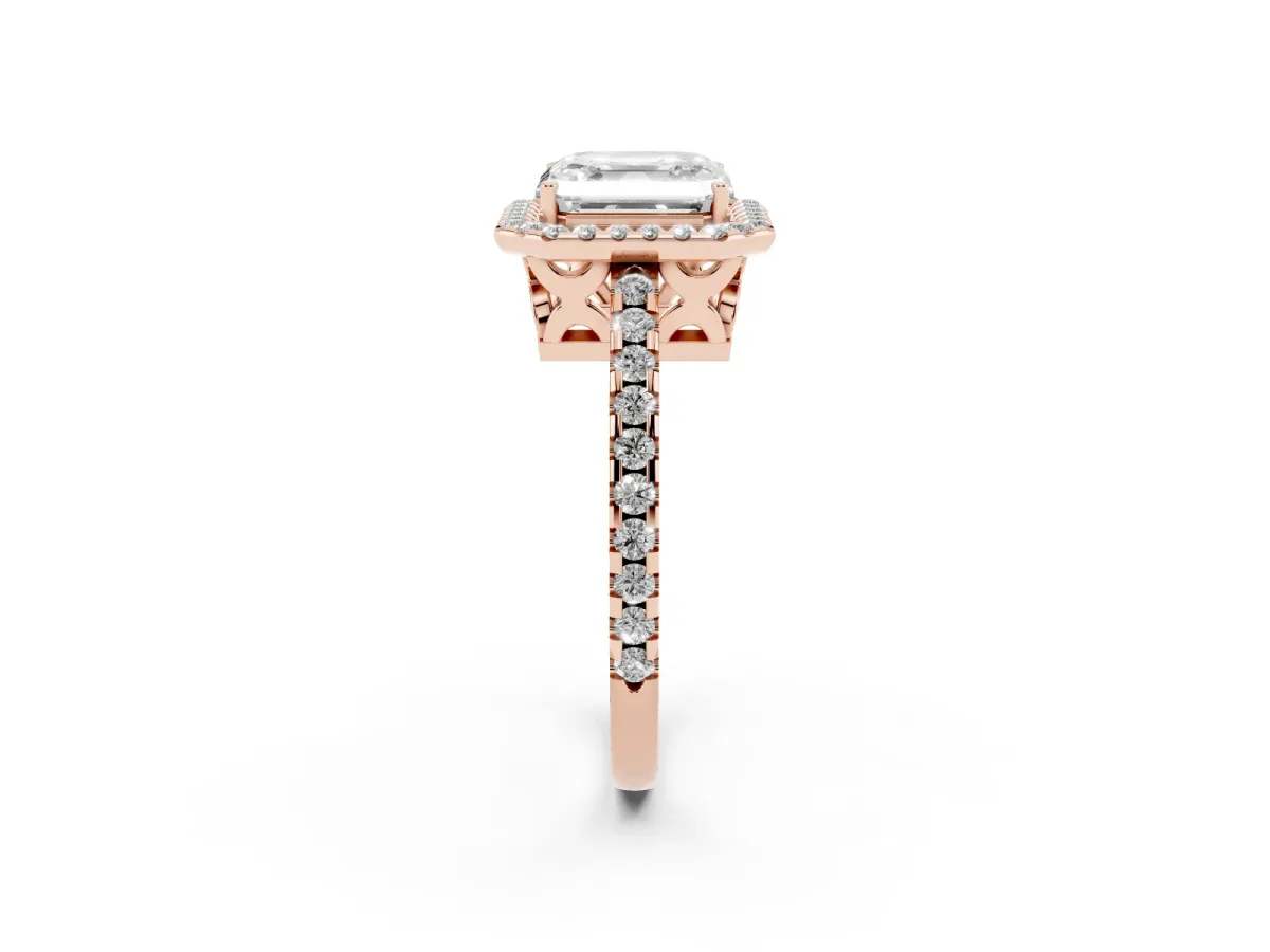 Asscher Cut Diamond Halo Engagement Ring with Pavé Band and Prong Setting Rose gold