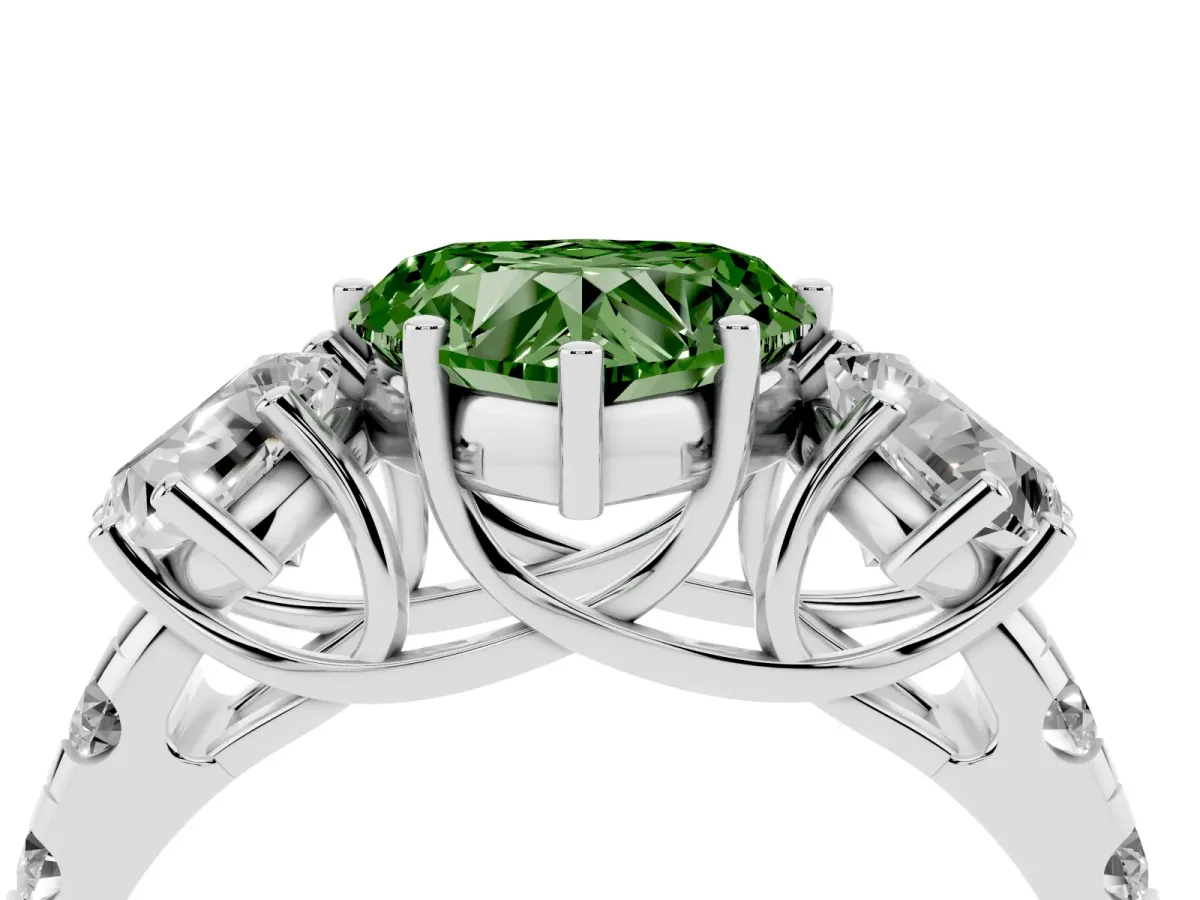 Fancy Green Three-Stone Heart Cut Diamond Pavé Band with Prong Setting Silver