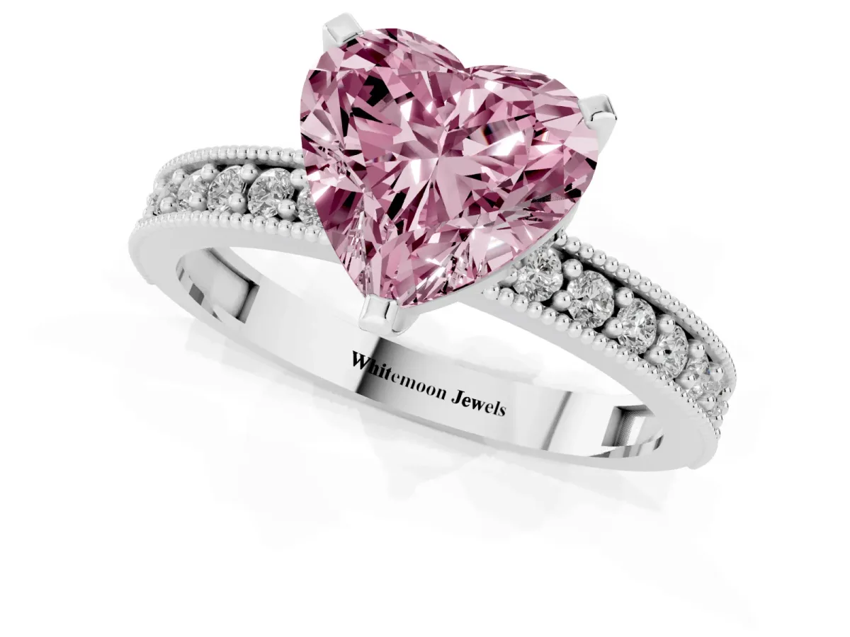 Fancy Pink Heart Cut Diamond Milgrain Pavé Engagement Ring with Four-Prong Setting Silver