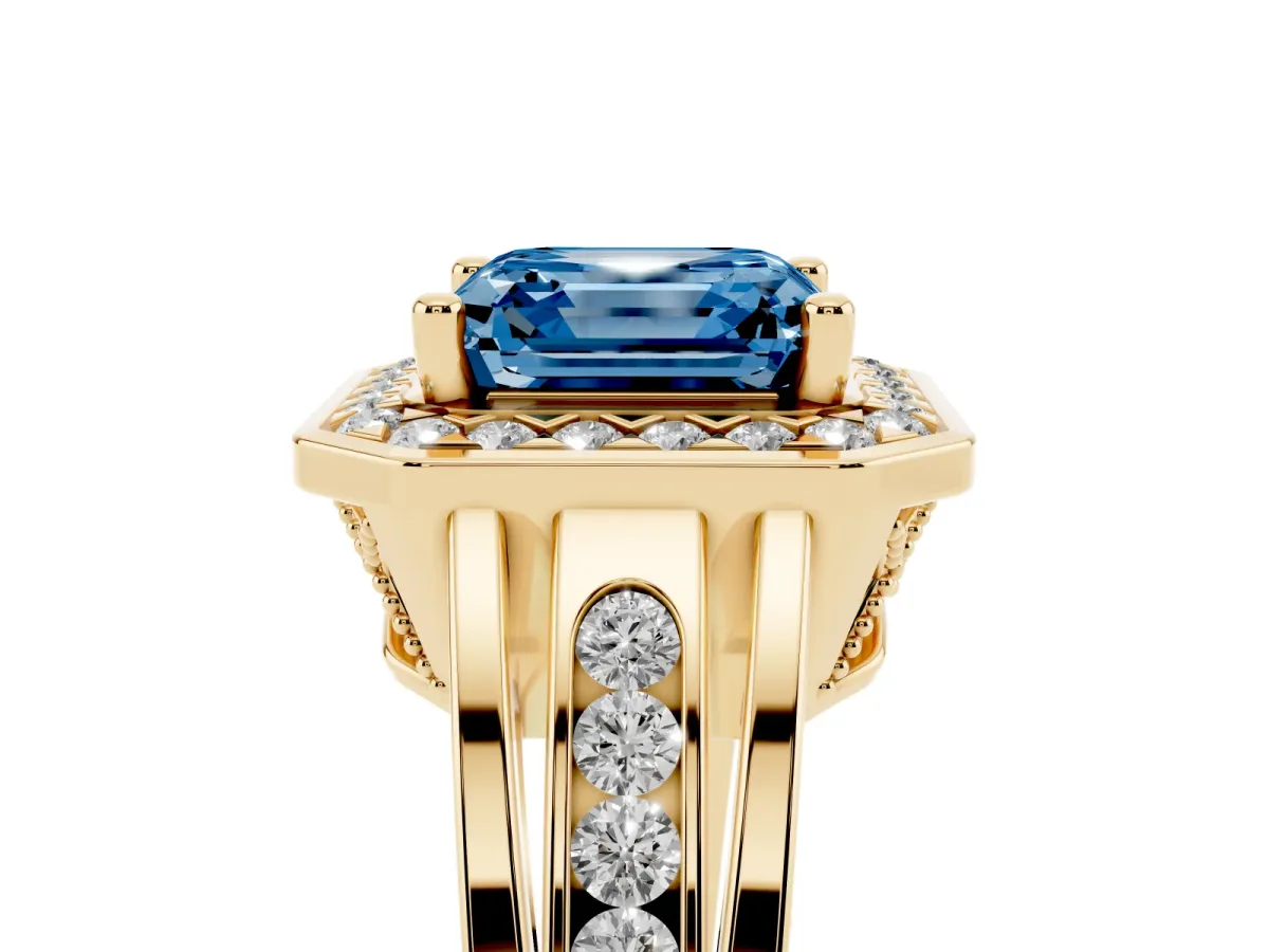 Fancy Blue Asscher Cut Diamond Halo Ring with Split Shank and Bezel Accents and Prong Setting Yellow gold