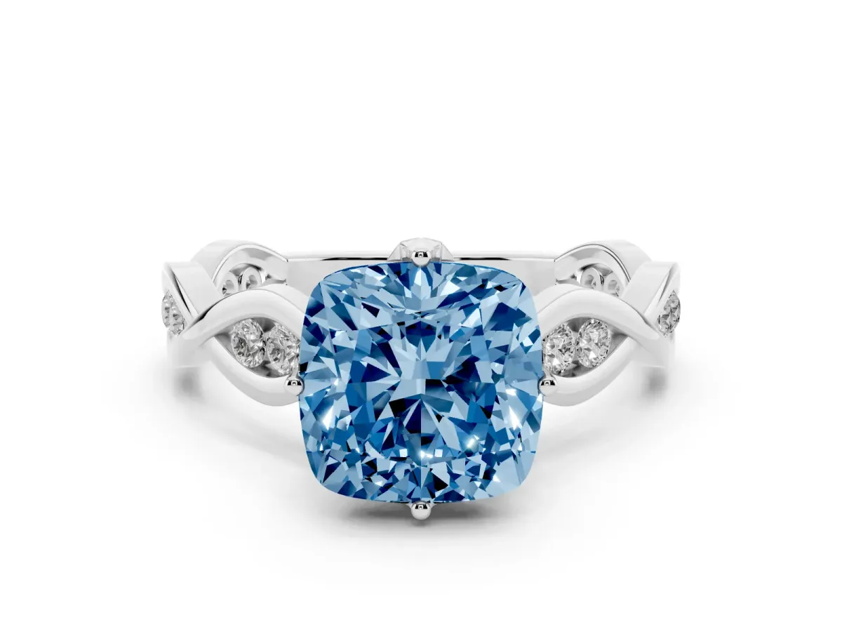 Fancy Blue Cushion Cut Solitaire Twist Band with Leaf Prong Setting Silver