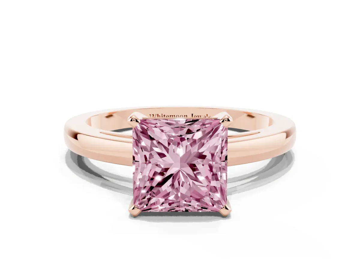 Fancy Pink Princess Cut Solitaire Diamond Engagement Ring with Four-Prong Setting on a Classic Band Rose gold