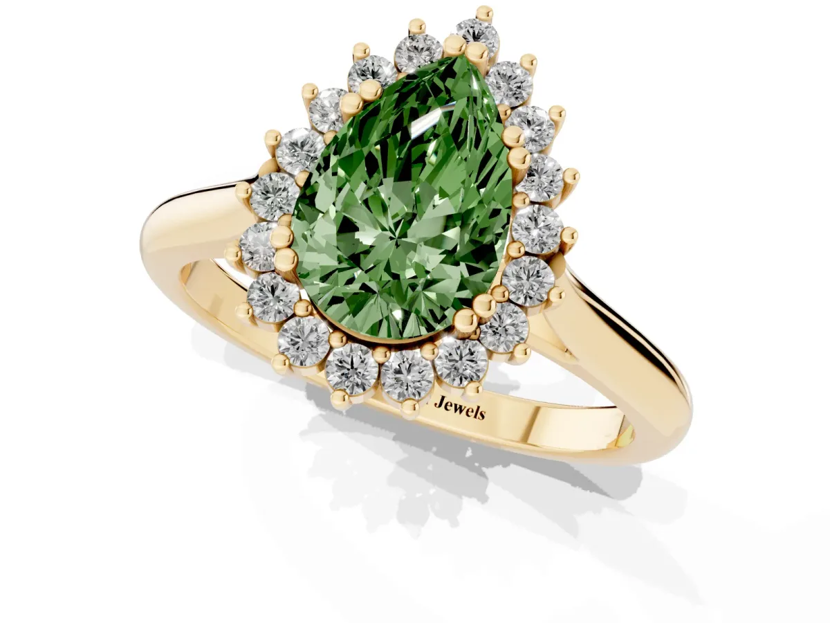 Fancy Green Pear Cut Cut Diamond Halo Ring with Solitaire Band and Prong Setting Yellow gold