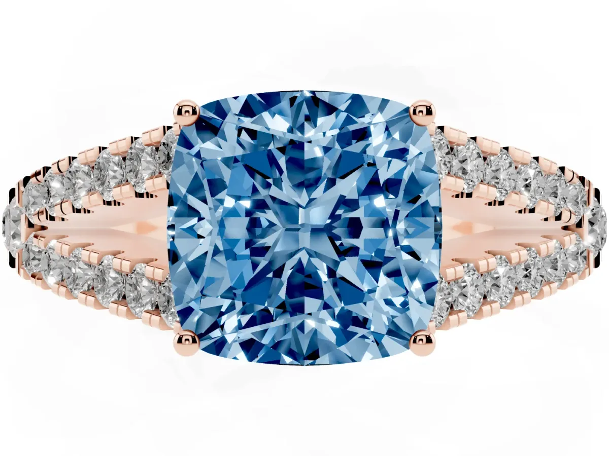 Fancy Blue Cushion Cut Diamond Split Shank Pavé Engagement Ring with Four-Prong Setting Rose gold