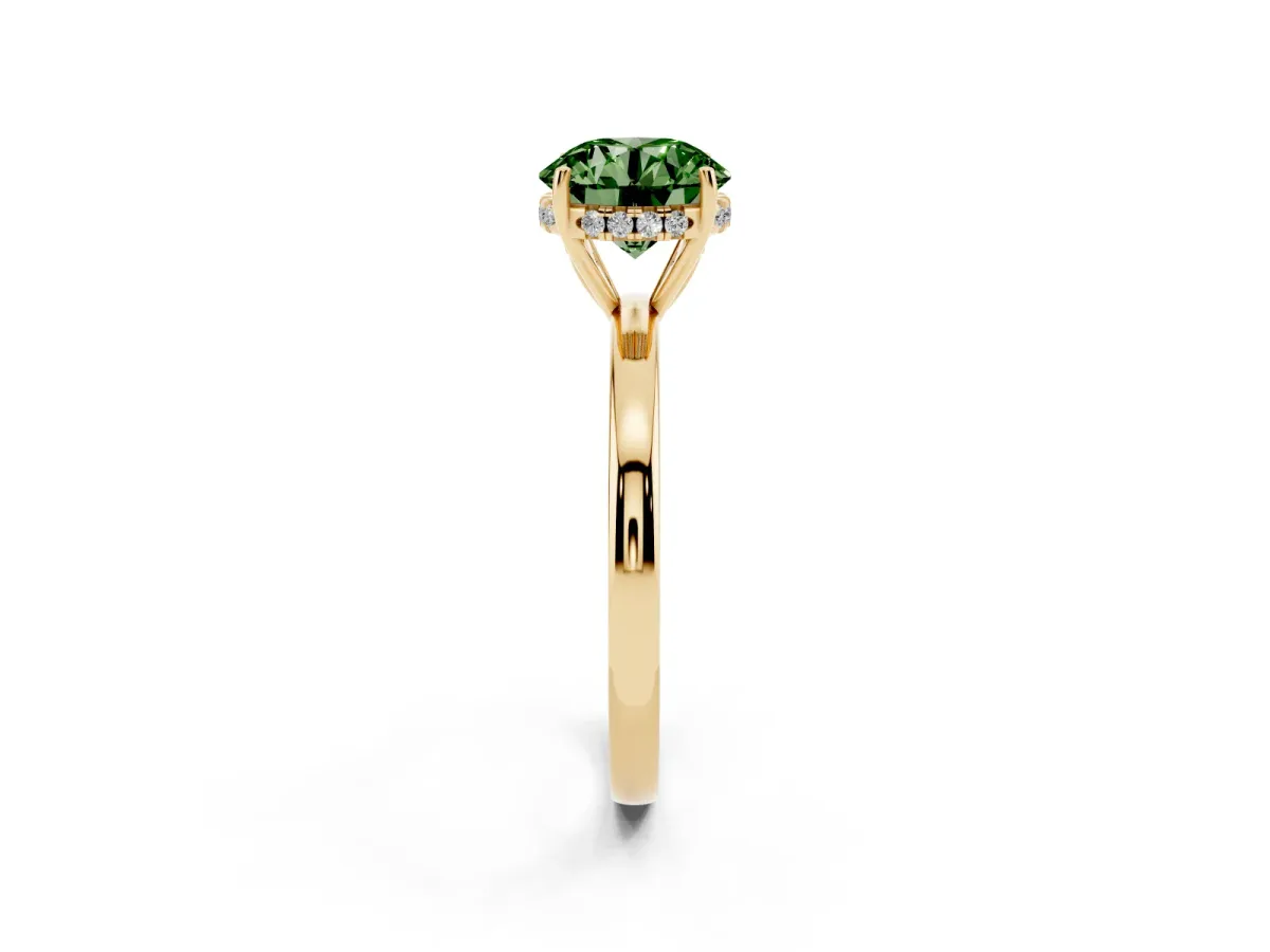 Fancy Green Round Cut Solitaire Diamond Ring with Prong Setting and Plain Band Yellow gold