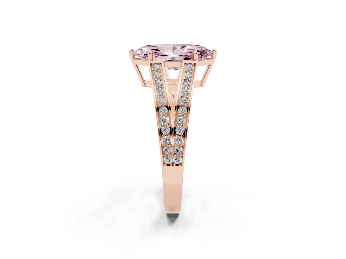 Fancy Pink Marquise Cut Diamond Split Shank Ring with Pavé Band and Four-Prong Setting Rose gold