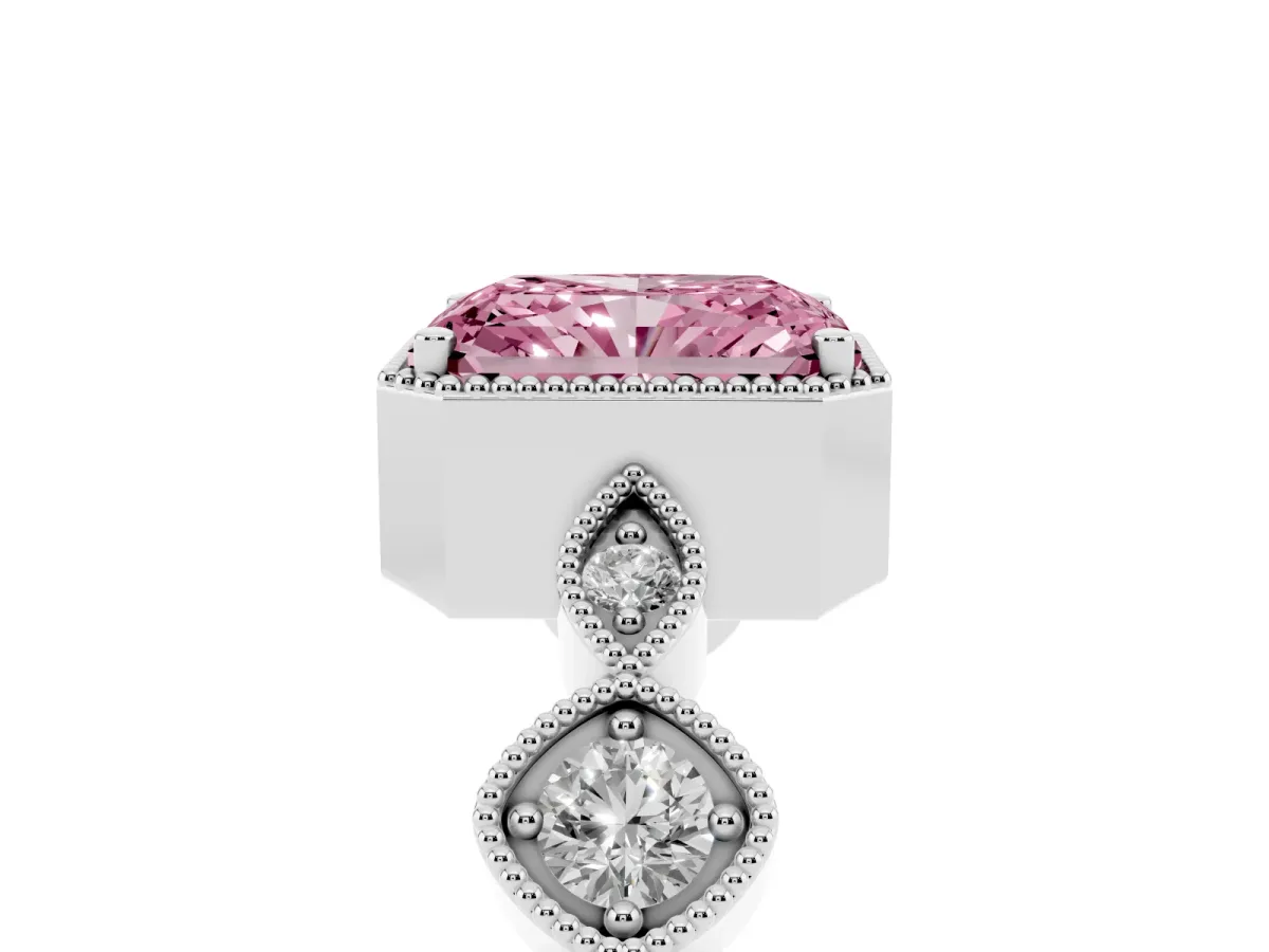 Fancy Pink Radiant Cut Diamond Vintage Milgrain Ring with Round Stations Silver