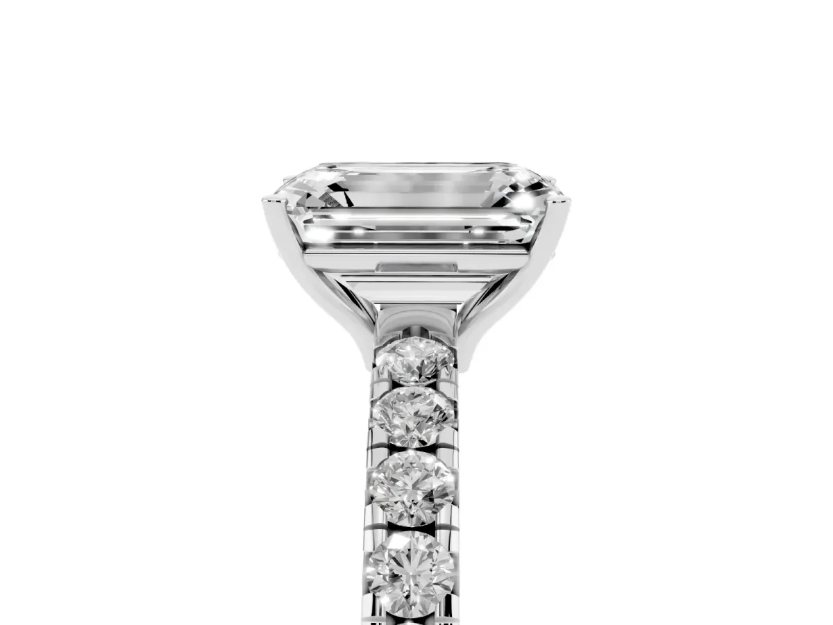 Emerald Cut Diamond Pavé Solitaire Engagement Ring with Four-Prong Setting Silver