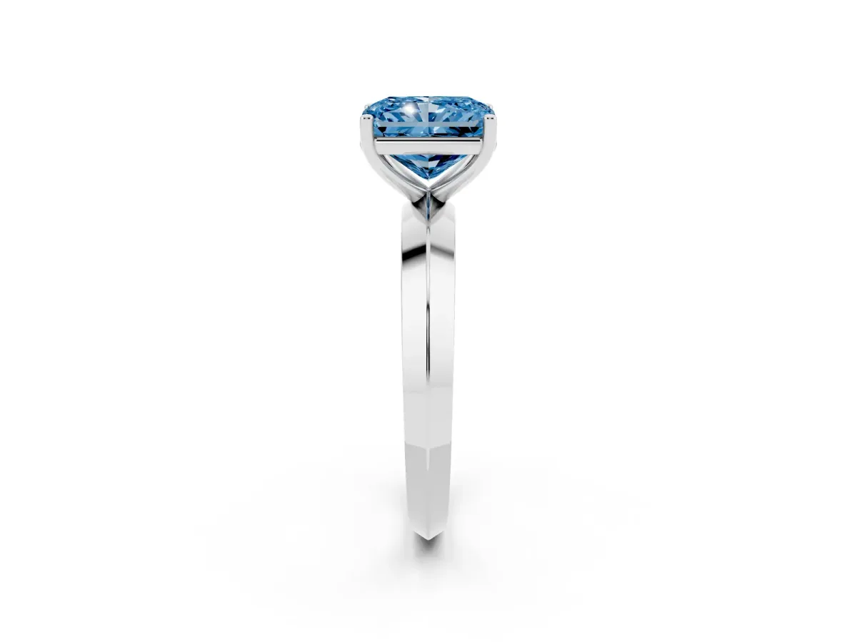 Fancy Blue Radiant Cut Cut Solitaire Engagement Ring with Flat Band and Four-Prong Setting Silver