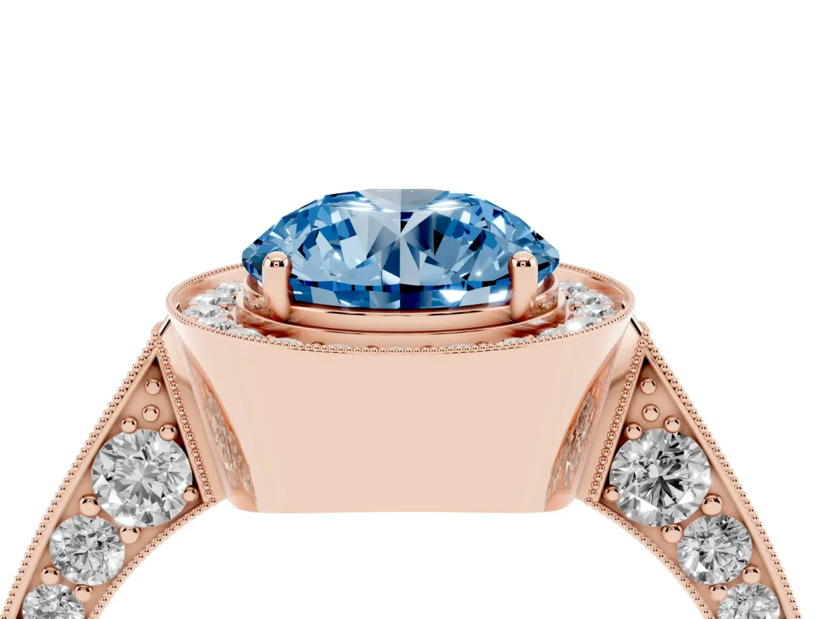 Fancy Blue Round Cut Halo Diamond Engagement Ring with Split Shank Band and Four-Prong Setting Rose gold