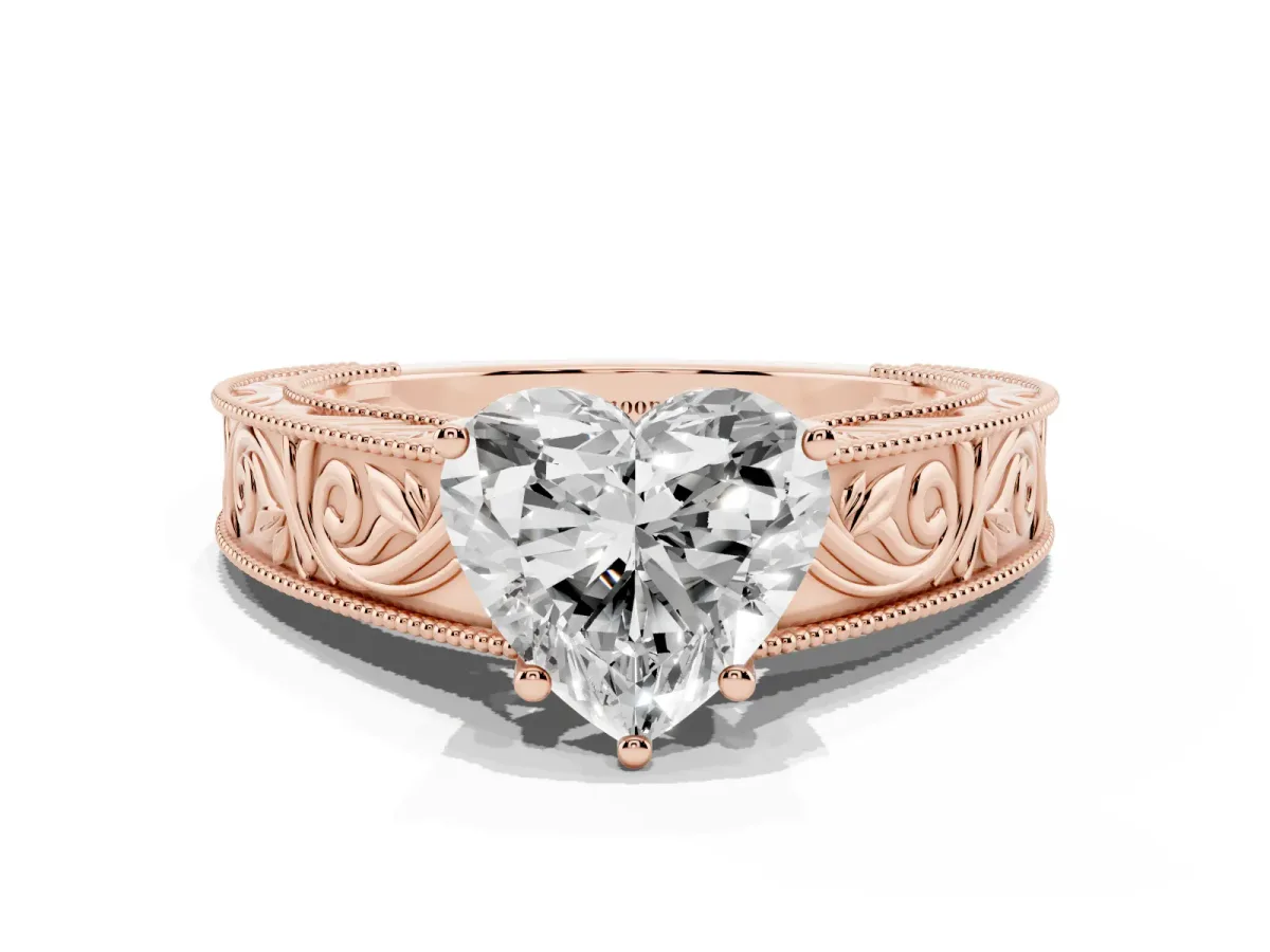 Heart Cut Diamond Solitaire Ring with Engraved Band and Four-Prong Setting Rose gold