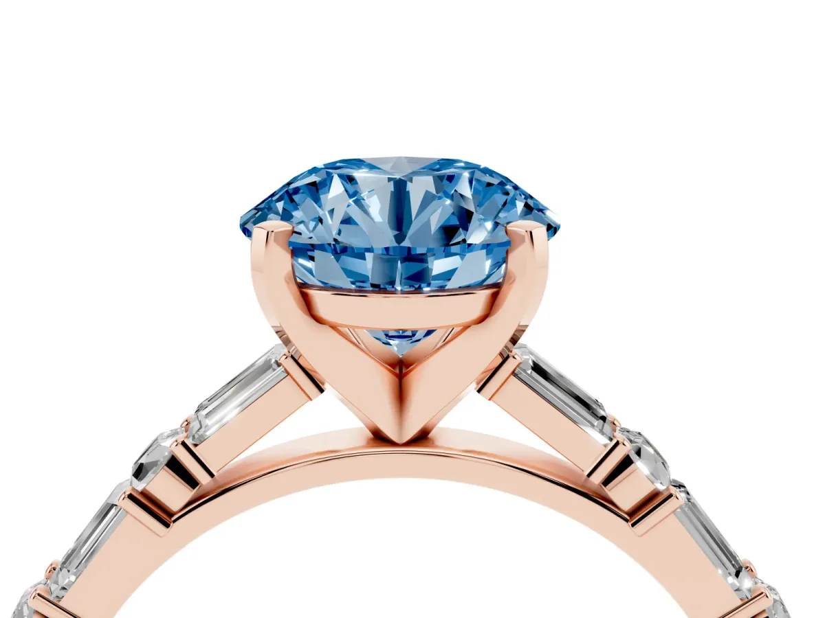 Fancy Blue Round Cut Diamond Solitaire with Side Baguettes and Channel Set Band Rose gold