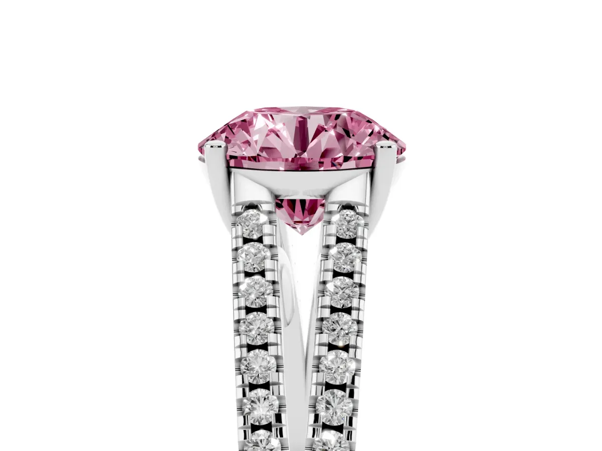 Fancy Pink Round Cut Diamond Solitaire Engagement Ring with Split Shank Pavé Band Platinum