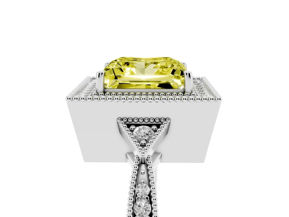 Fancy Yellow Princess Cut Halo Round Diamond Milgrain Pave Engagement Ring Platinum
