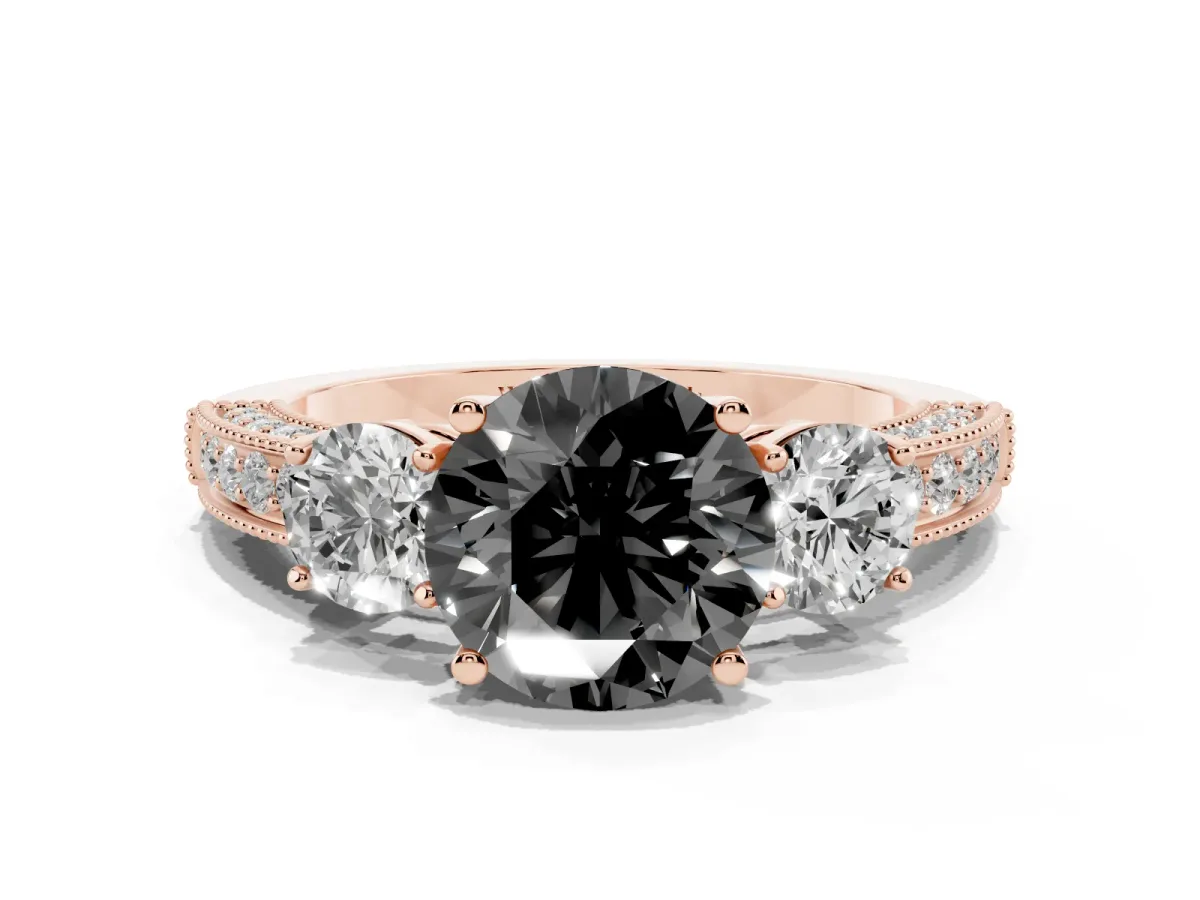 Fancy Black Round Cut Three-Stone Diamond Ring with Pavé Band and Four-Prong Setting Rose gold