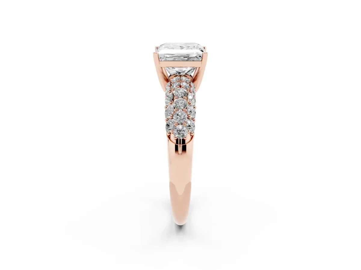 Princess Cut Diamond Pavé Band Solitaire Ring with Four-Prong Setting Rose gold